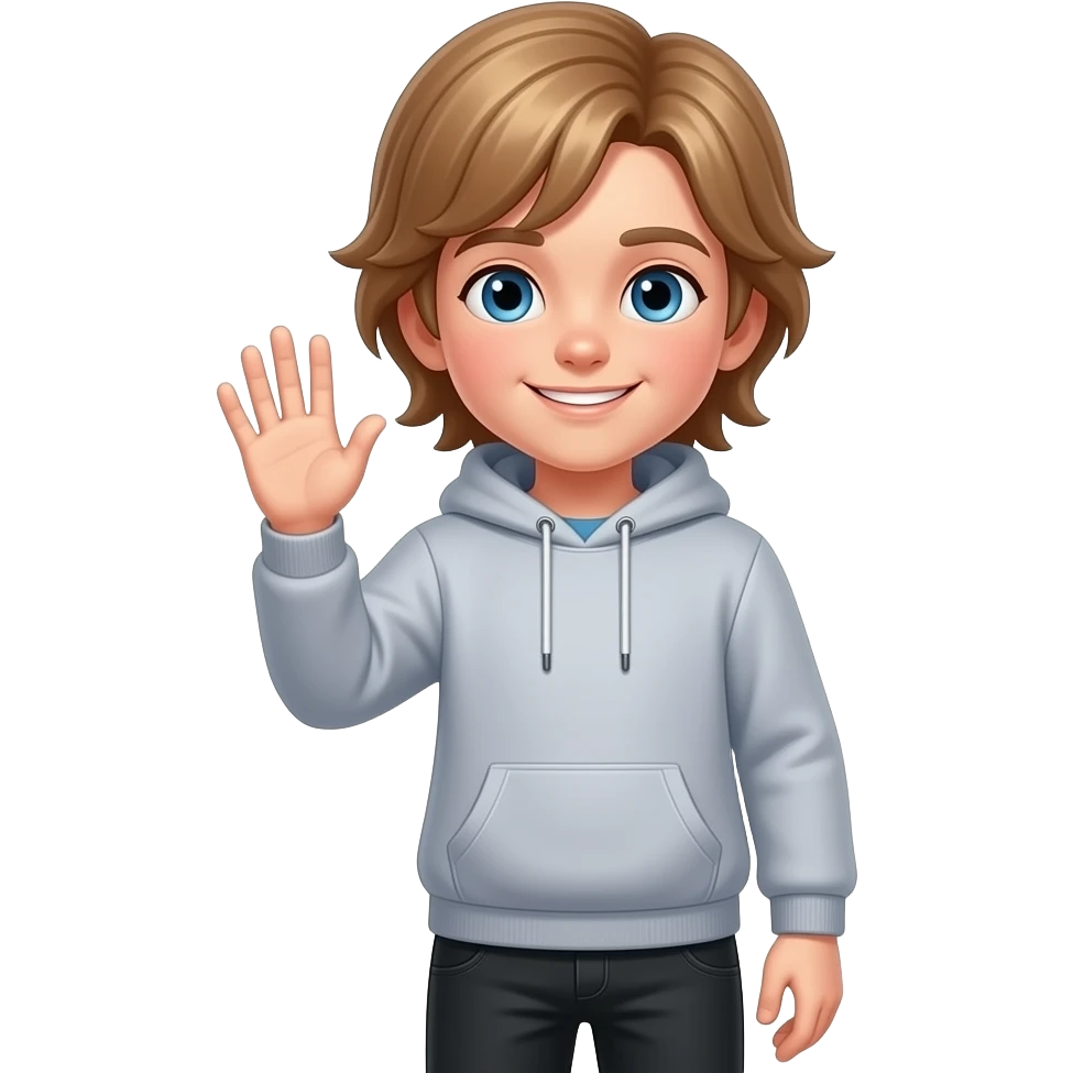 12 year old boy with long light brown hair and blue eyes wearing a hoodie and black pants waving hello emoji