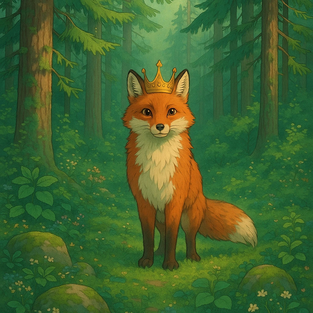red fox with a crown in a Scandinavian forest, lush greenery, magical atmosphere, soft lighting, Ghibli style emoji