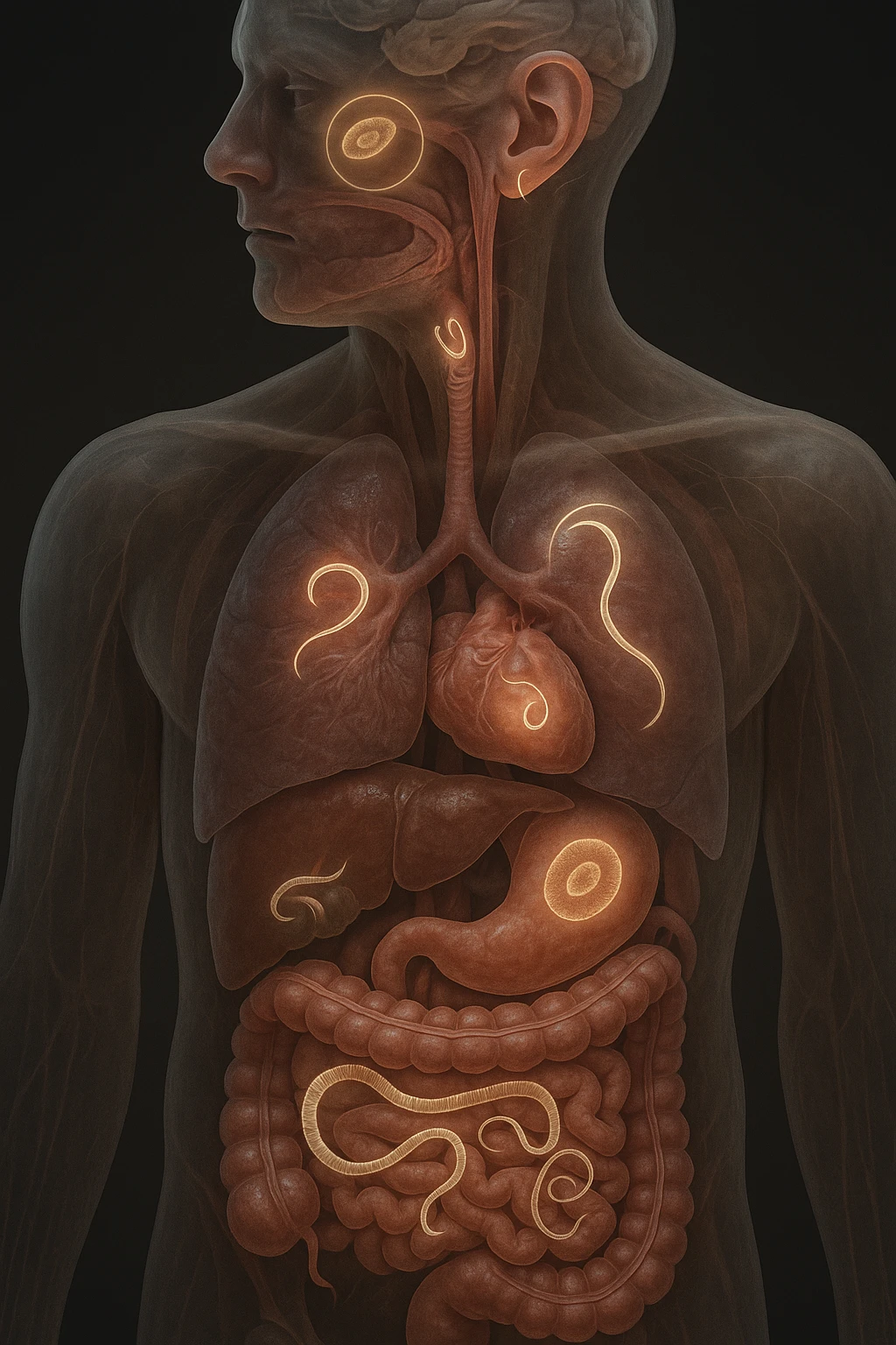 Vertical, hyper-realistic 3D cutaway illustration: the human body is shown in semi-transparent layers, exposing various types of parasites (tapeworms, roundworms, protozoa) inside the digestive tract and other organs. The parasites are rendered in vivid detail, with realistic lighting and shadows. Key areas of infection are highlighted emoji