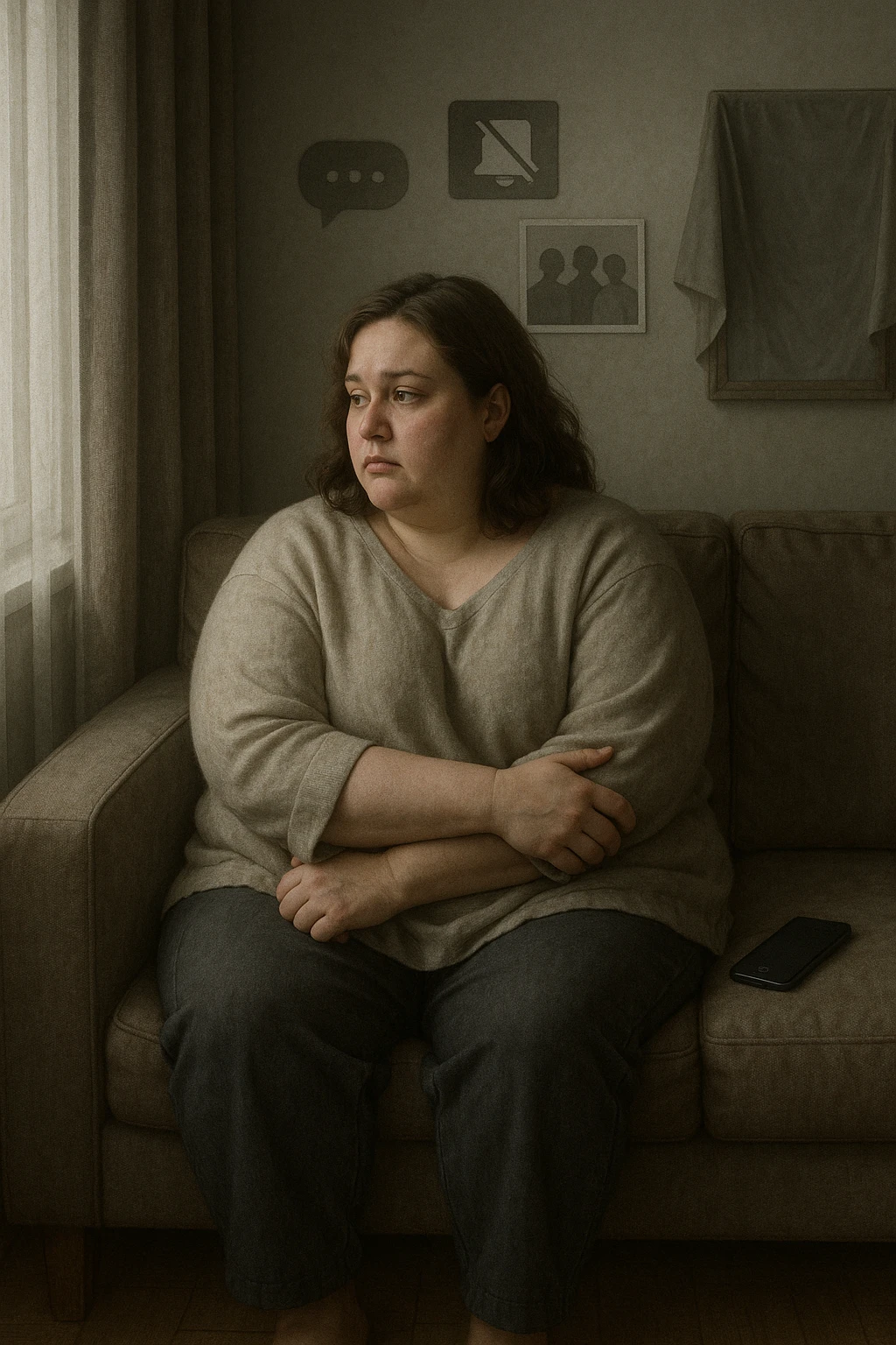 Donna tra i 30 e i 40 anni seduta sola su un divano, con espressione malinconica e corpo visibilmente appesantito. Indossa abiti larghi, avvolgenti, e guarda fuori dalla finestra mentre il telefono è spento o con notifiche ignorate accanto a lei. Sullo sfondo, si notano segnali di vita sociale assente: messaggi non letti, inviti ignorati, foto di gruppo a cui non partecipa. L’atmosfera è silenziosa, con luce grigia e ambiente spento. Intorno a lei, simboli di ritiro e insicurezza: tende chiuse, specchio coperto, postura chiusa. Stile realistico, tono delicato ed emotivo emoji
