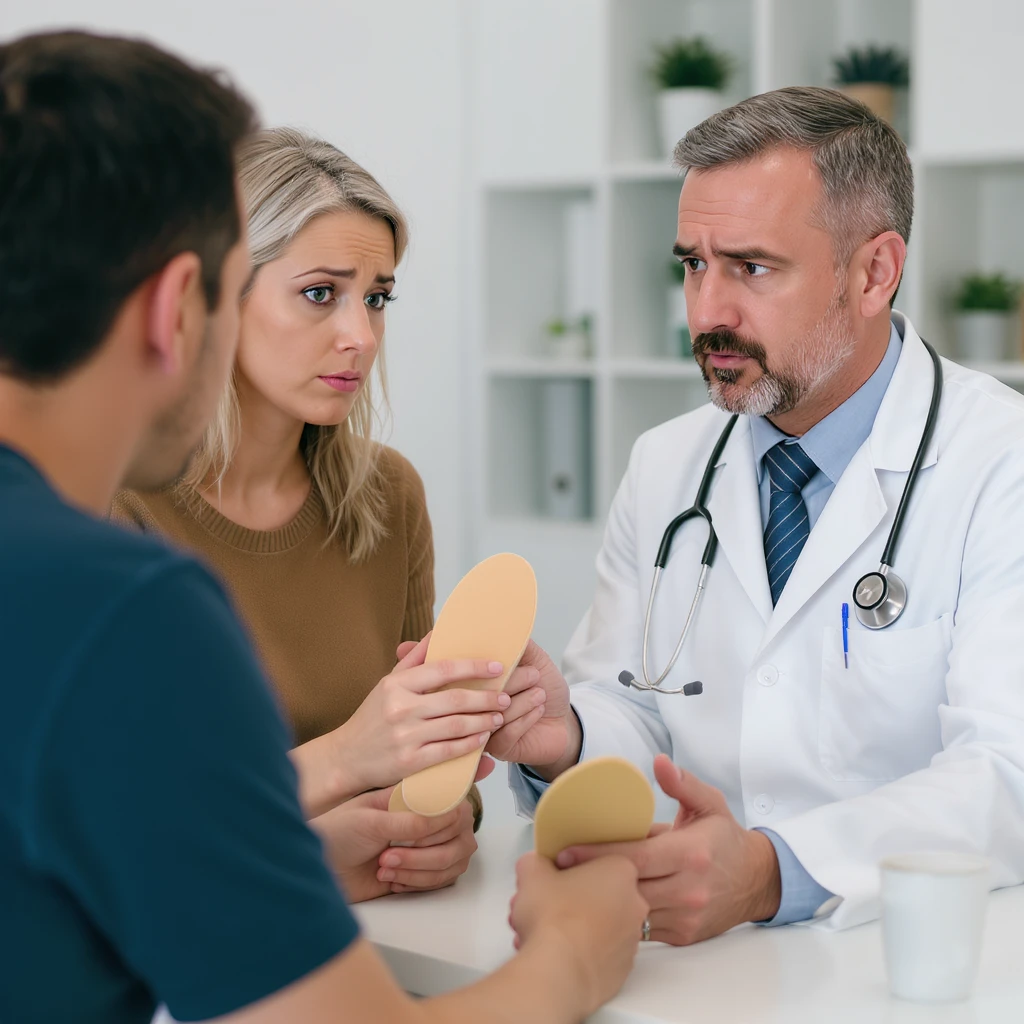 professional illustration of a scene in a medical office where a doctor suggests insoles to a client with poor posture, both look uncertain about the choice, 2:3 aspect ratio emoji