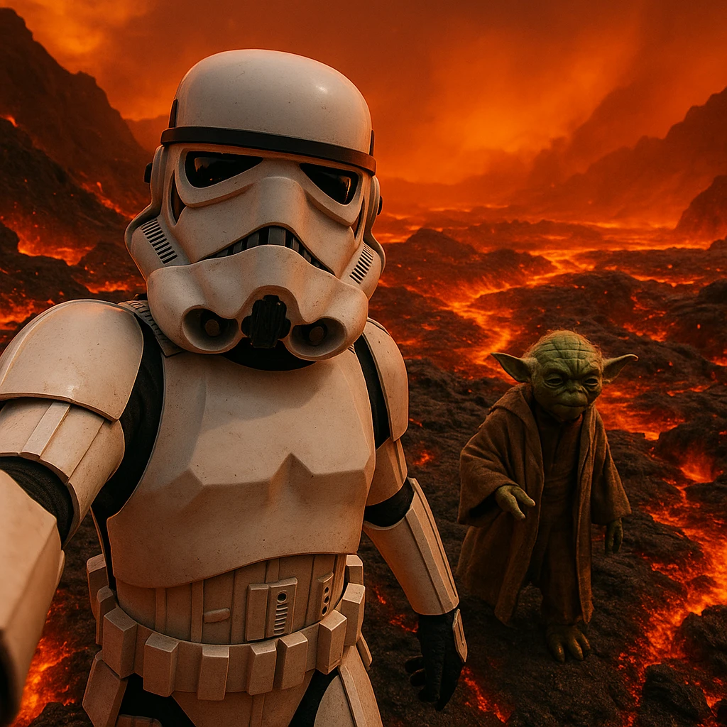 Camera POV, Starwars stormtroopers vlogging selfie, he is walking on lava planet with yoda emoji