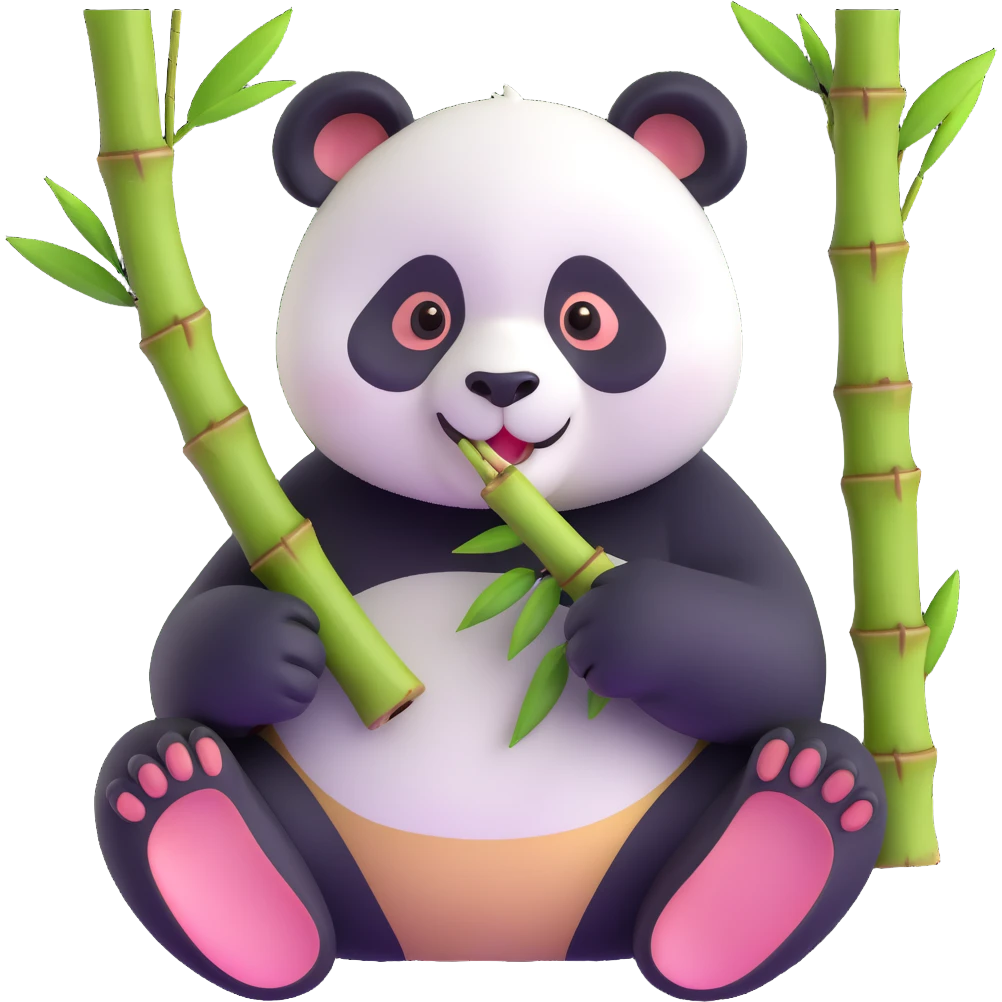 panda eating bamboo in forrest background, close up pose emoji