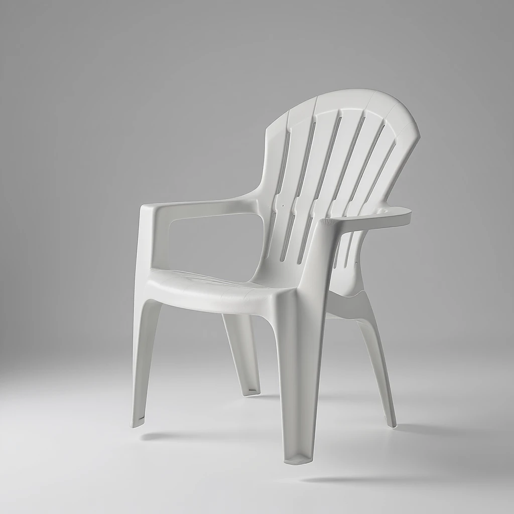 classic molded plastic lawn chair with arched top rail, five vertical back slats, rounded armrests, four tubular legs, suspended naturally in mid-air above a smooth studio floor, realistic lighting, no background clutter, modern product photo style emoji