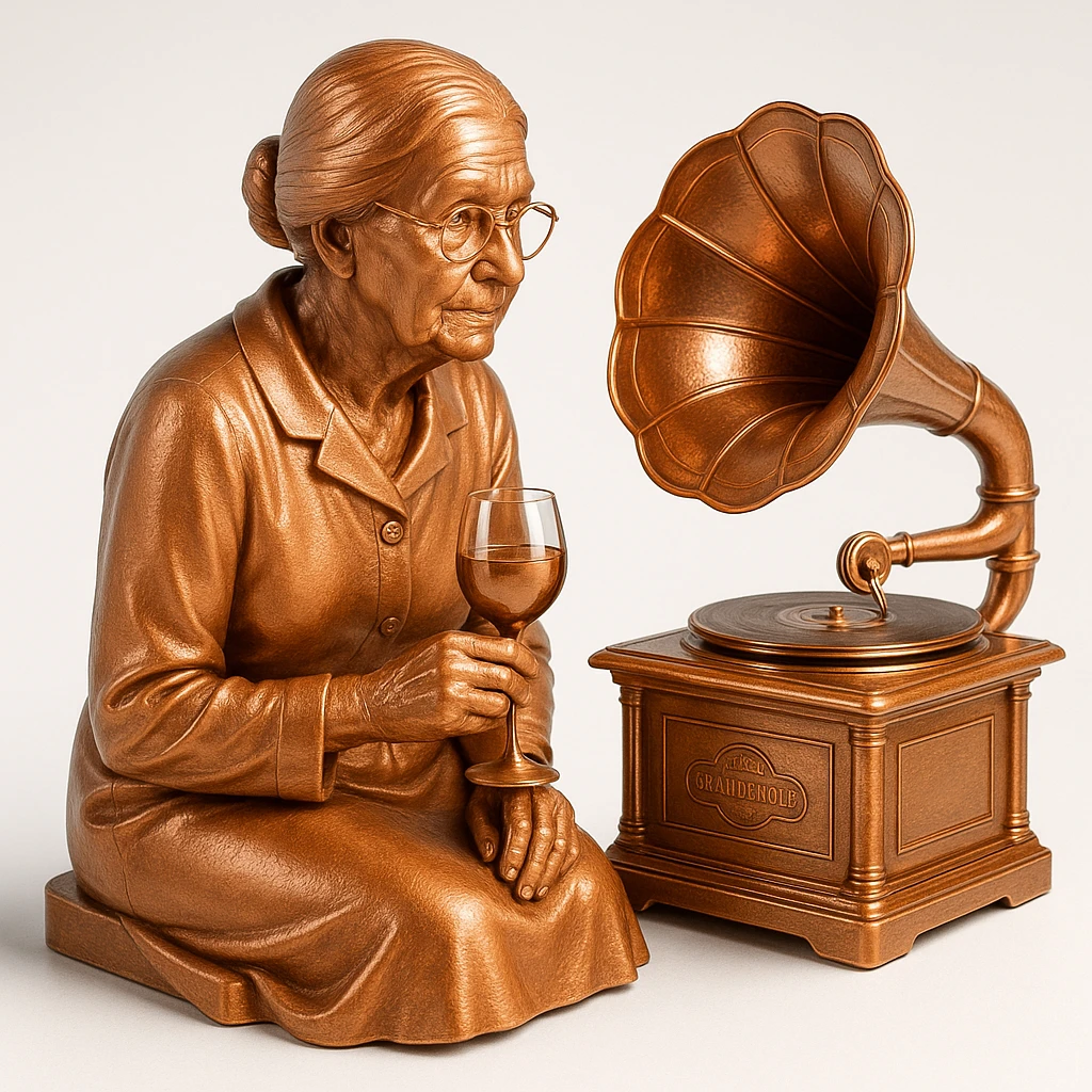 old lady with wineglass listening to gramophone emoji