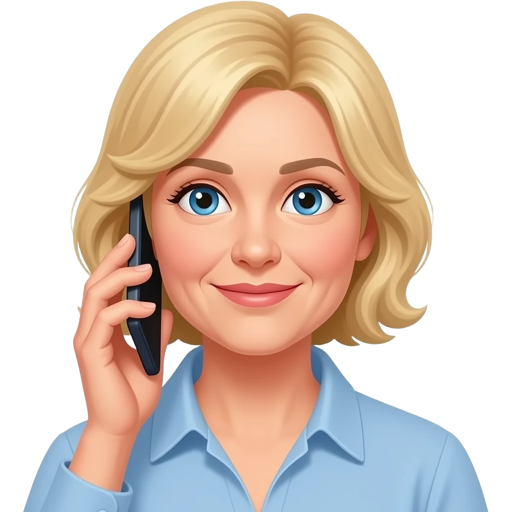 middle-aged blonde woman thinking with a cell phone in her hand emoji