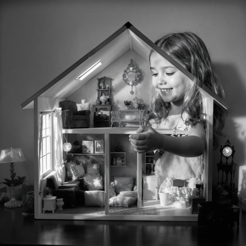 smiling girl arranging furniture in doll house emoji