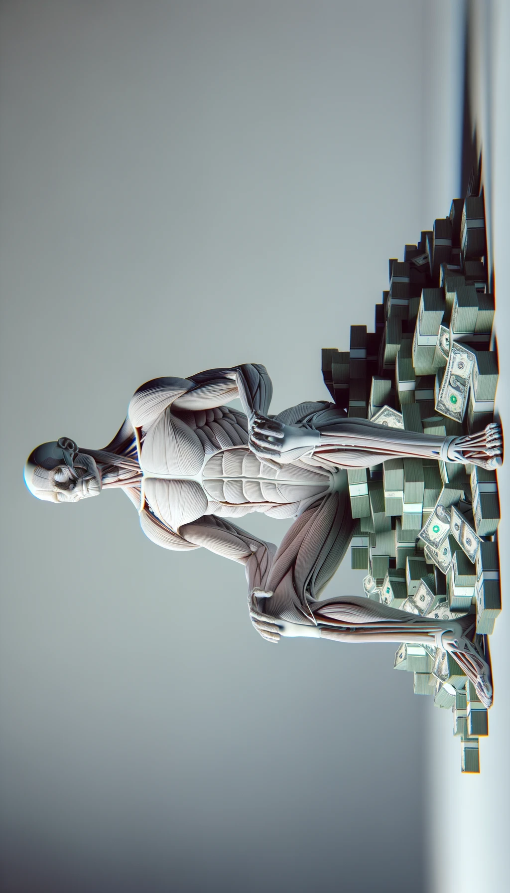 corpo umano anatomico seduto dal medico con una montagna di banconote ai piedi, con sfondo chiaro neutro, iperrealistico 4k emoji