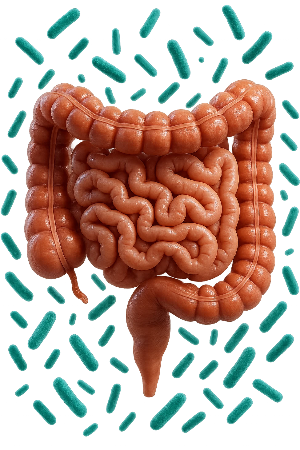 intestino umano anatomico realistico con batteri intestinali turchesi che fluttuano intorno, IPERREALISTICA 4K emoji