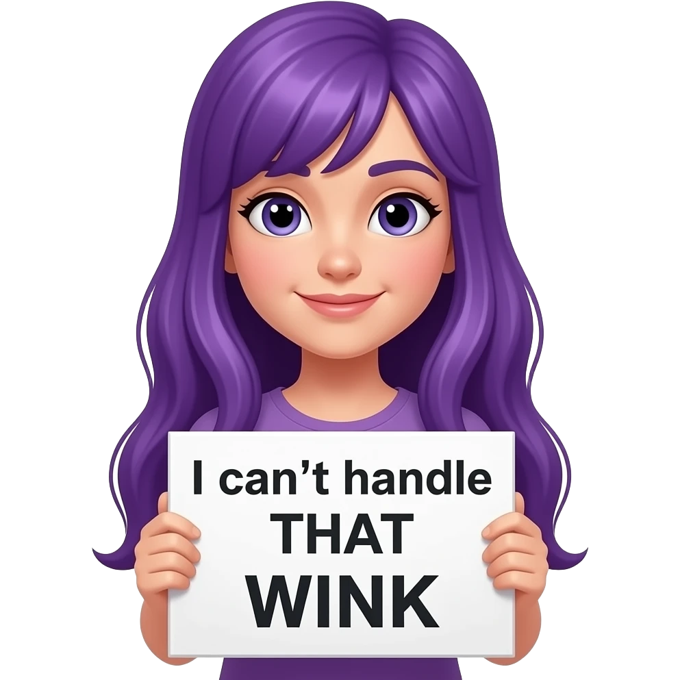 girl with long purple hair holding a I can't handle THAT WINK sign emoji