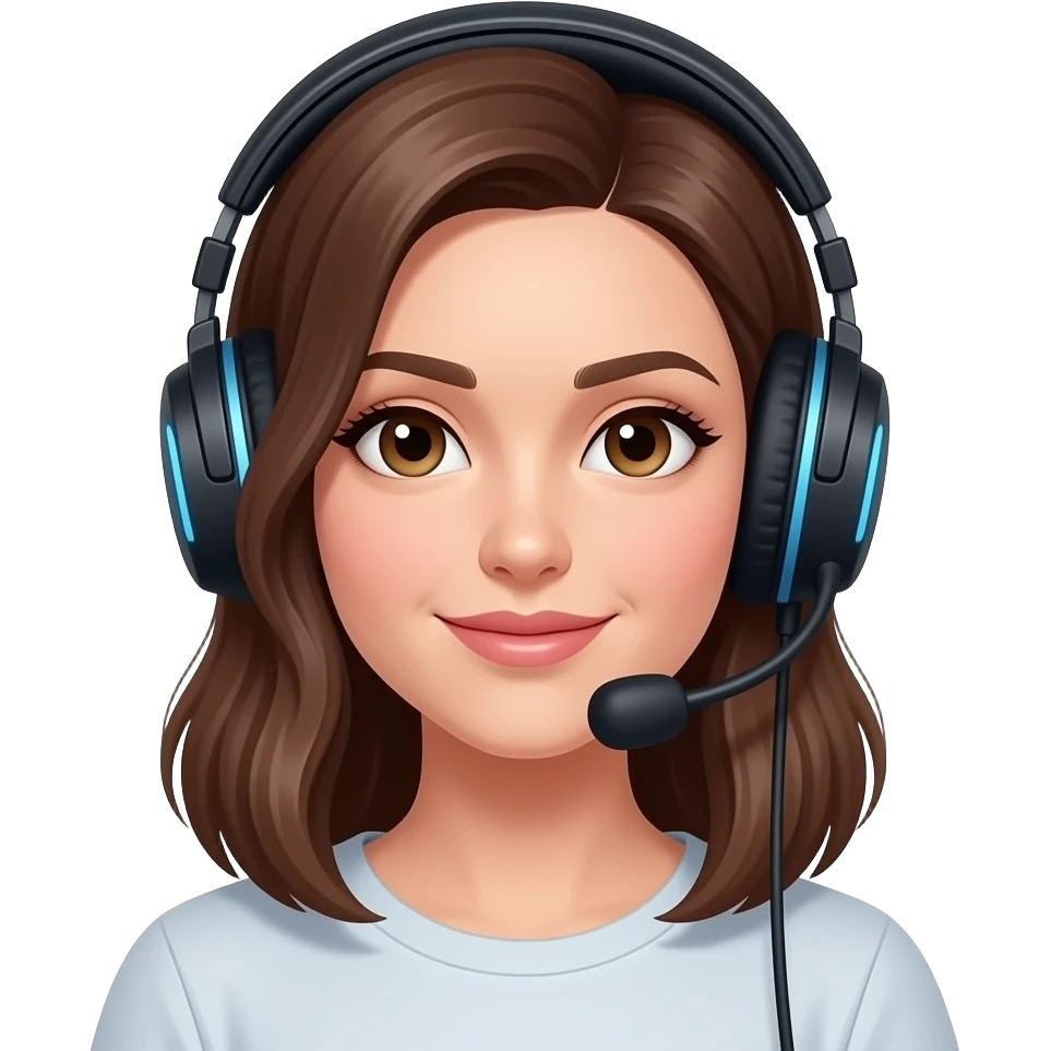 casque jeux , femme, cheveux mi-long, brune,belle emoji