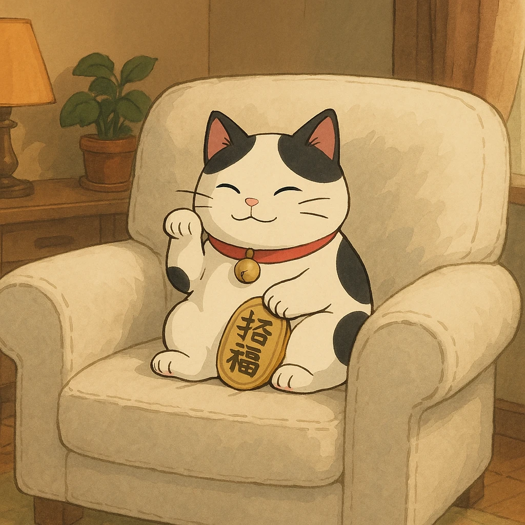 White and black Chinese lucky cat on a cozy white armchair  emoji