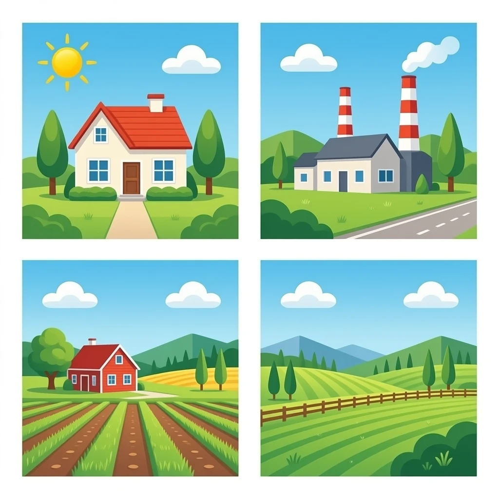 Picture collage of a house, factory, farm, plot emoji