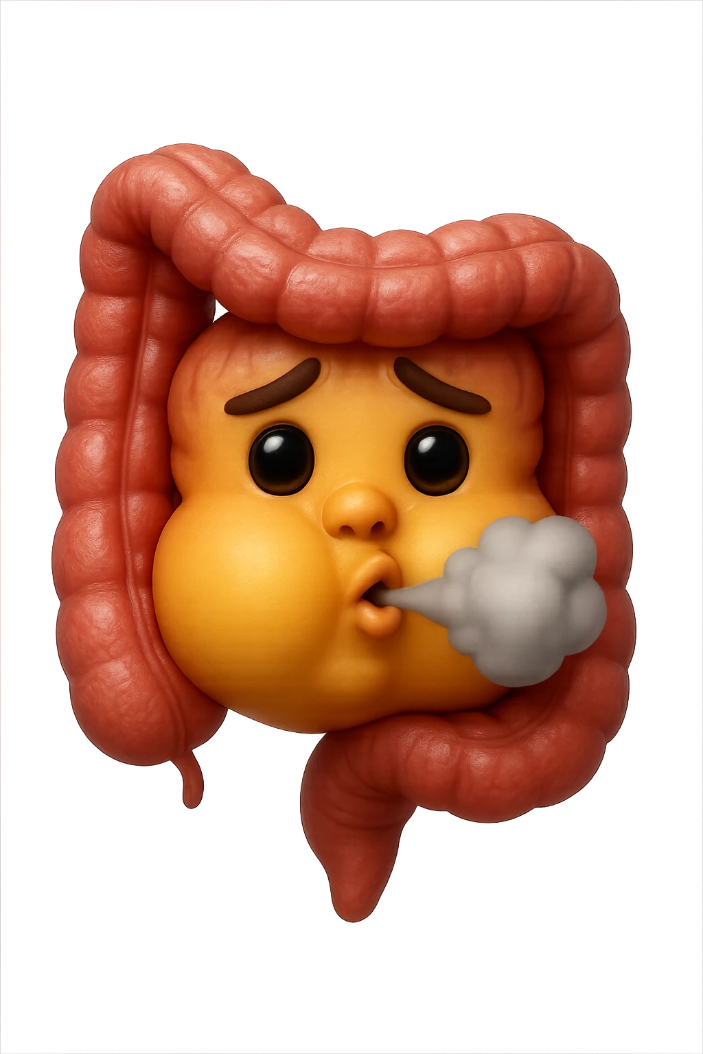 emoji stile iphone di un intestino che ingoia una nuvoletta di aria ben visibile e gli si gonfia la pancia, non fargli il naso, iperrealistico 4k emoji