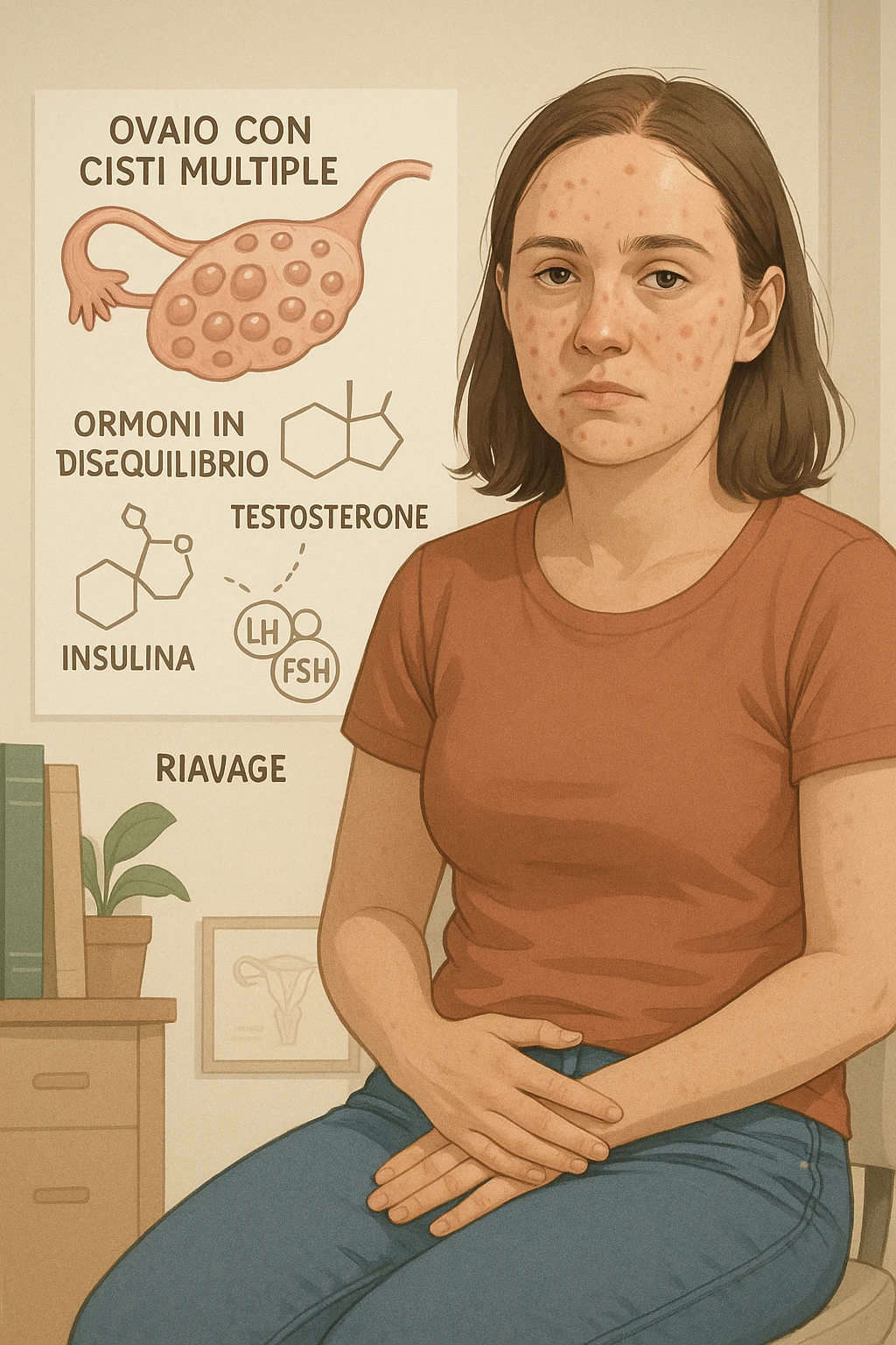 Donna tra i 25 e i 35 anni, con espressione stanca ma determinata, seduta in uno studio medico o nella sua stanza, con mani sul basso ventre. Sullo sfondo un diagramma trasparente o fluttuante di ovaie con cisti multiple, ormoni stilizzati in disequilibrio (testosterone, insulina, LH/FSH). Leggeri segni visivi di sintomi tipici: acne sul viso, lieve aumento di peso, capelli leggermente diradati in zona frontale. Ambiente realistico ma con elementi educativi e simbolici. Toni tenui ma caldi, stile empatico e informativo. in italiano emoji