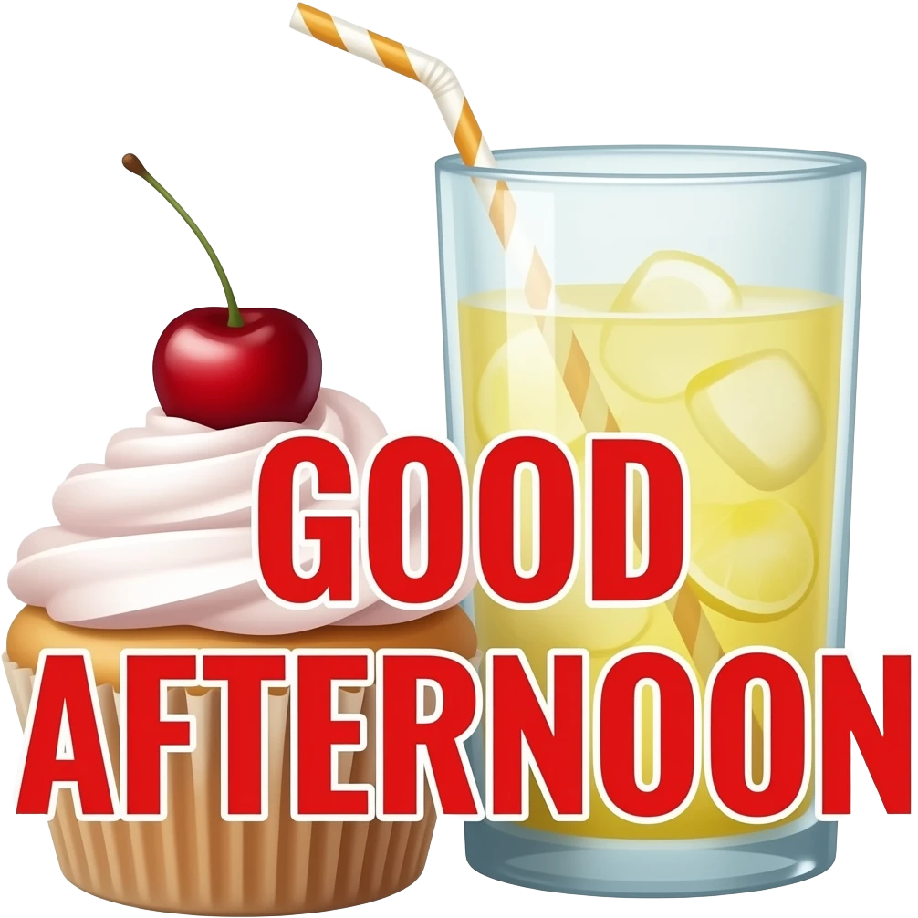 a cherry cupcake and a glass of iced lemonade with a straw in it. The words ‘GOOD AFTERNOON’ in red over them emoji