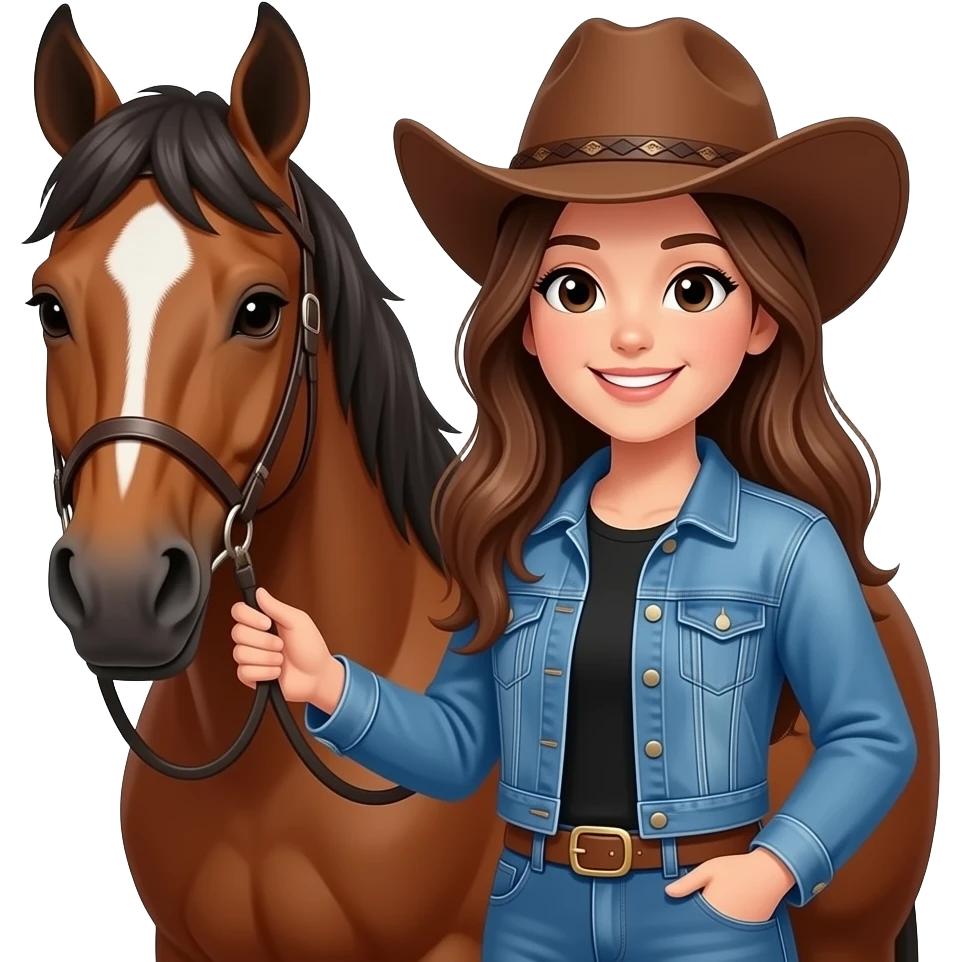 Girl with long brown hair, with black eyes, smiling, wearing a denim jacket and black shirt and brown cowgirl hat, next to her brown horse that has a white spot on her forehead. emoji