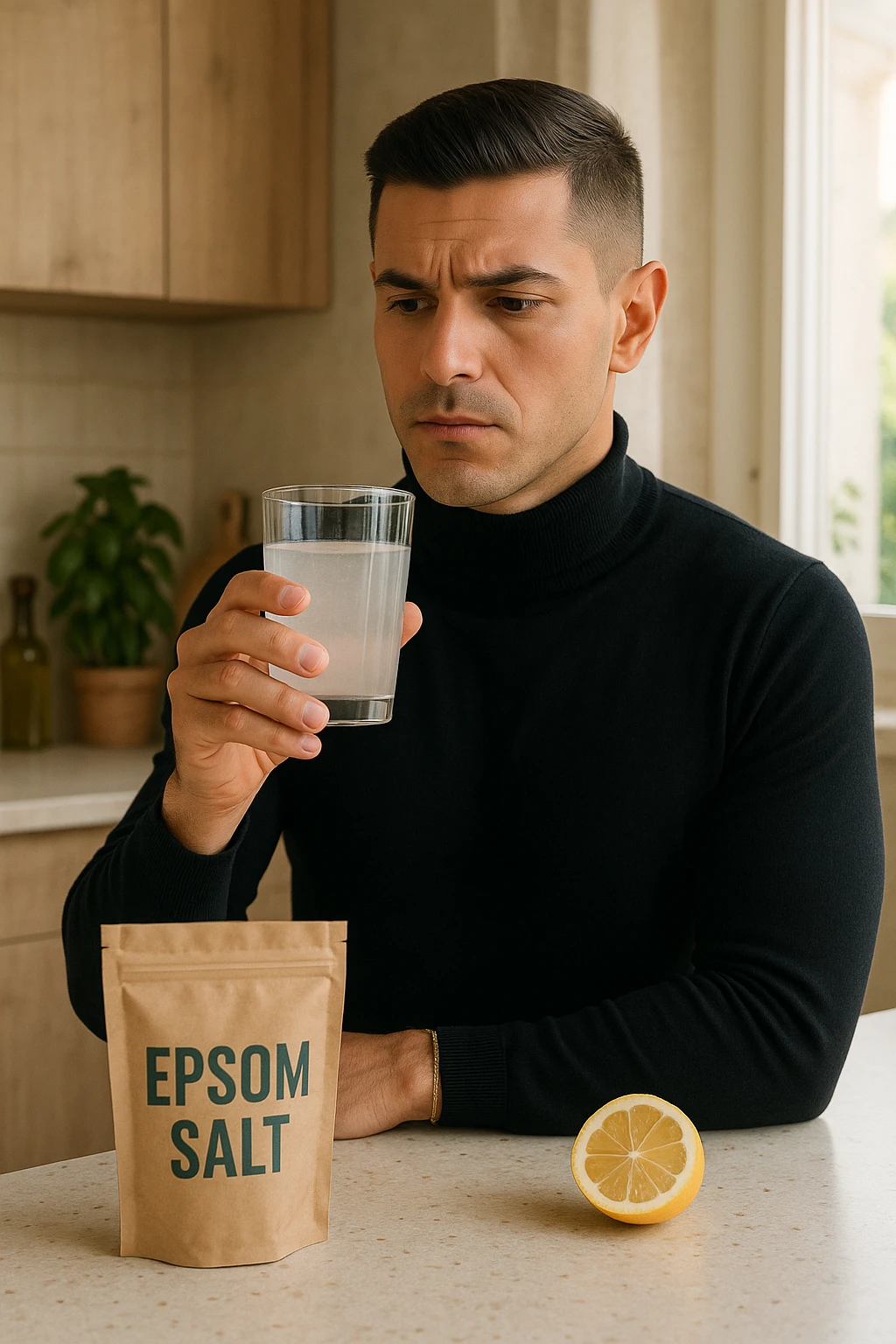 A realistic, bright photo-style image of a young man in his 30s standing in his kitchen, holding a clear glass filled with water in which Epsom salt (magnesium sulfate) has been dissolved. He looks focused but slightly uncertain as he prepares to drink it for a liver flush or digestive cleanse. The glass shows slight cloudiness from the dissolved salt. On the counter are a packet labeled 'Epsom Salt' and a sliced lemon, suggesting he might use it to mask the taste. The setting is clean, natural, and bright with neutral tones. The background shows sunlight streaming through a window, emphasizing a clean, minimalist health-focused environment. The mood conveys a realistic, calm moment of self-care with a hint of discomfort, illustrating a natural detox practice in italiano emoji