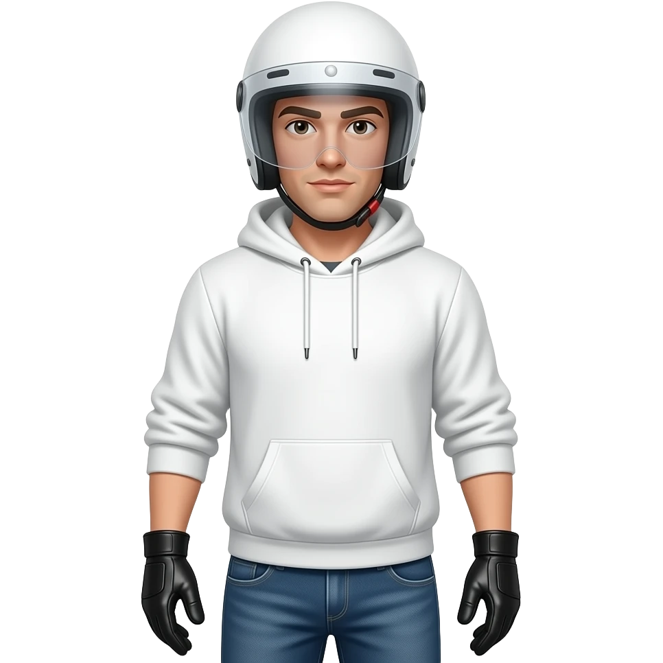 man wearing blue jeans, a white hoodie, black leather gloves, a white helmet with a face shield emoji