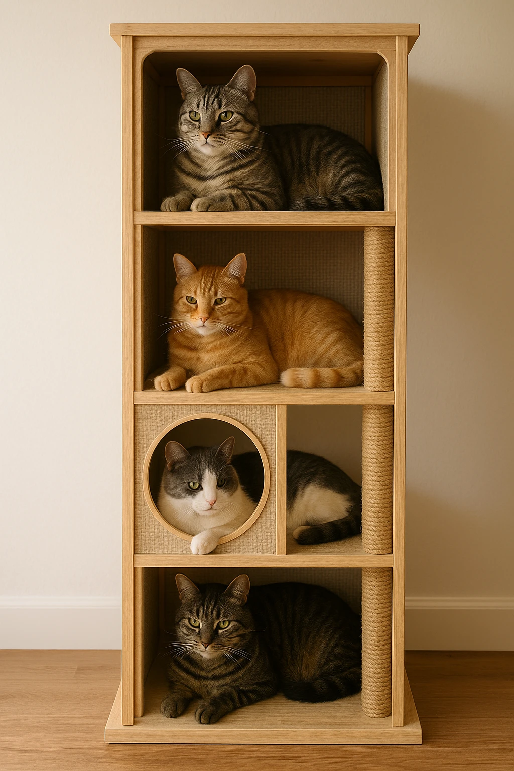 cats relaxing in a vertical playhouse emoji