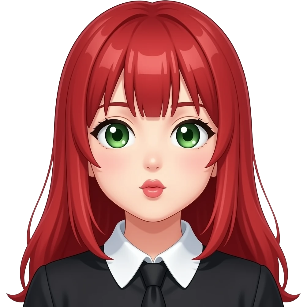anime girl kissy face red hair green eyes black blouse with white collar emoji