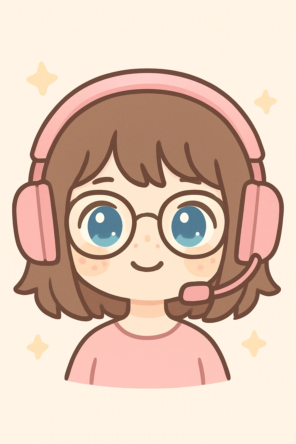 chibi woman with shoulder length choppy brown hair, pink gaming headset, freckles, glasses, and blue eyes emoji
