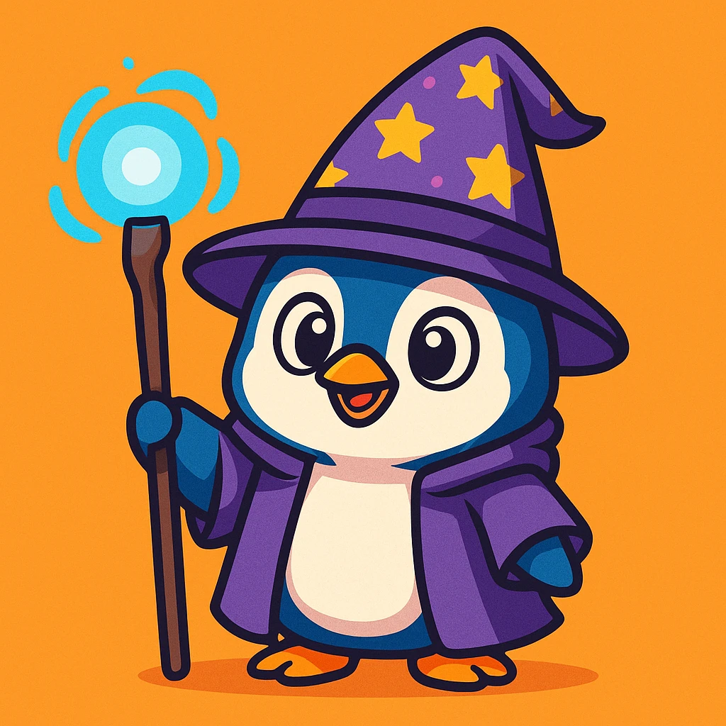 cute penguin dressed as a wizard, wearing a pointed hat and holding a magic staff, vibrant cartoon style emoji
