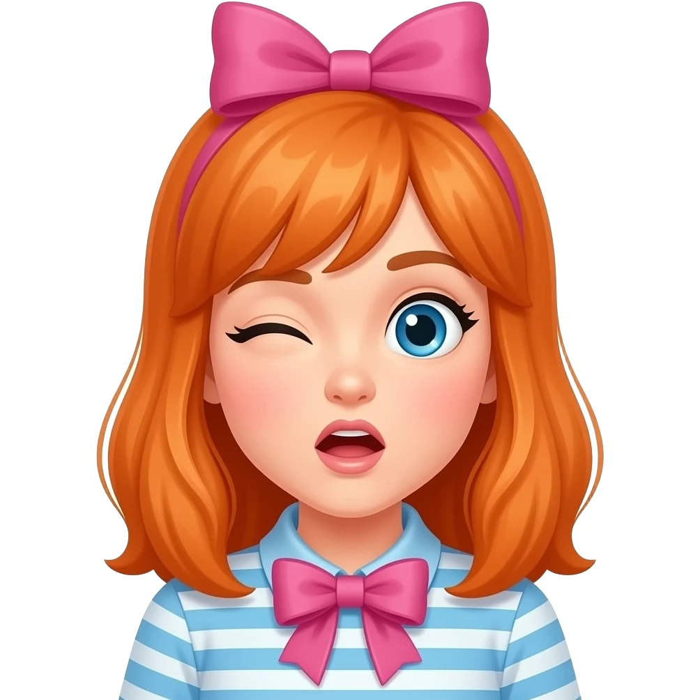 Mujer con pelo naranja, rostro de sorpresa, guiñando un ojo, con moño emoji