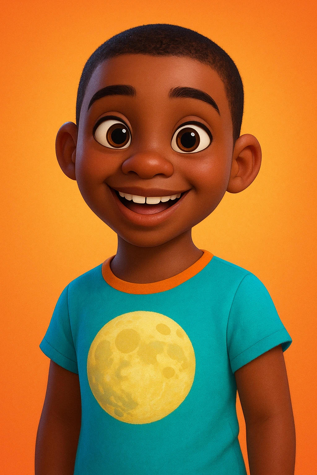 Pixar style young dark-skinned girl with very short masculine hair, wearing a t-shirt with a moon design emoji