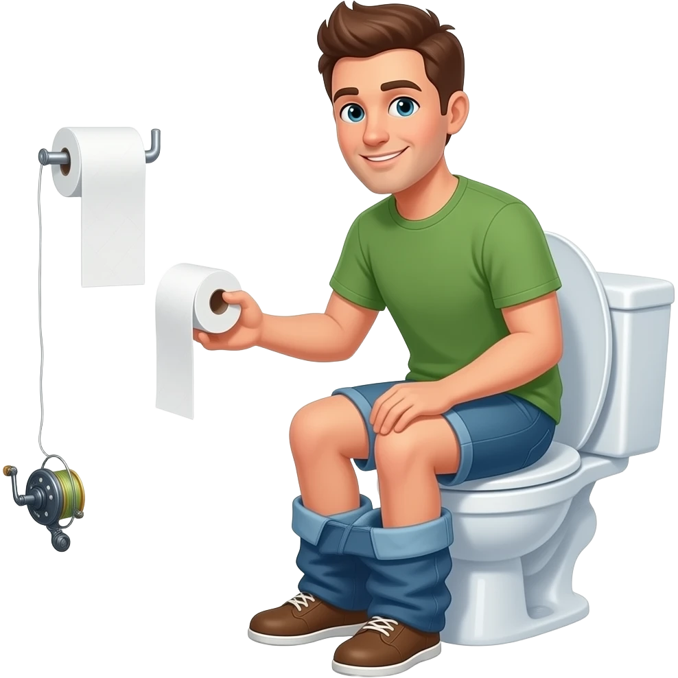 a guy on the toilet with a fishing reel on the wall holding the roll of toilet paper emoji