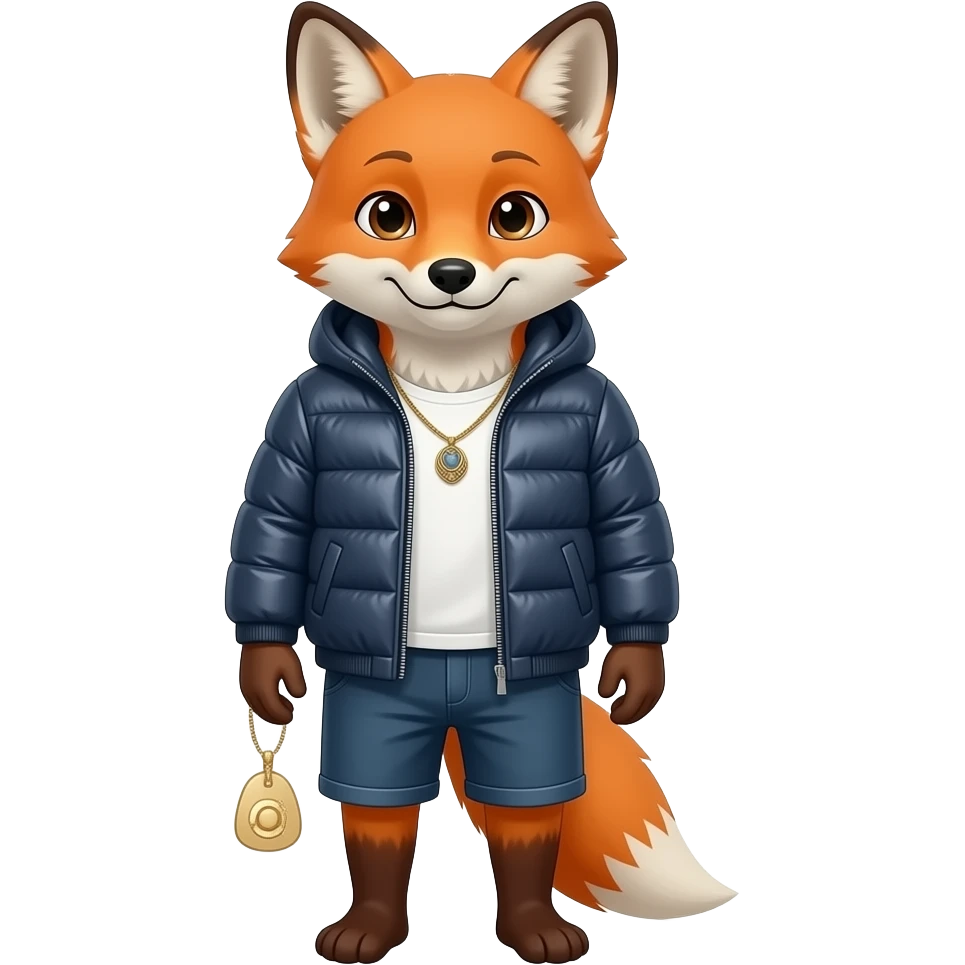 Fox in puffer Jacket, waist size, jewellery emoji