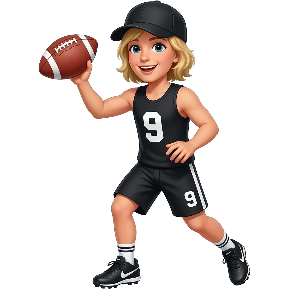 White skin teenager with blonde medium hair black tank top number 9 black shorts number 9 Nike cleats black cap catching the football emoji