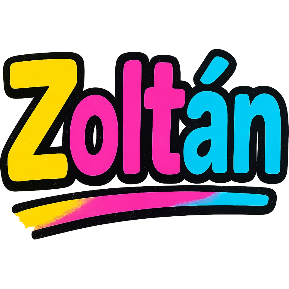 Zoltán name in modern colorful gradient font with dark outline, partially or fully underlined with dynamic slanted underline, transparent background, in the style of the sample images emoji