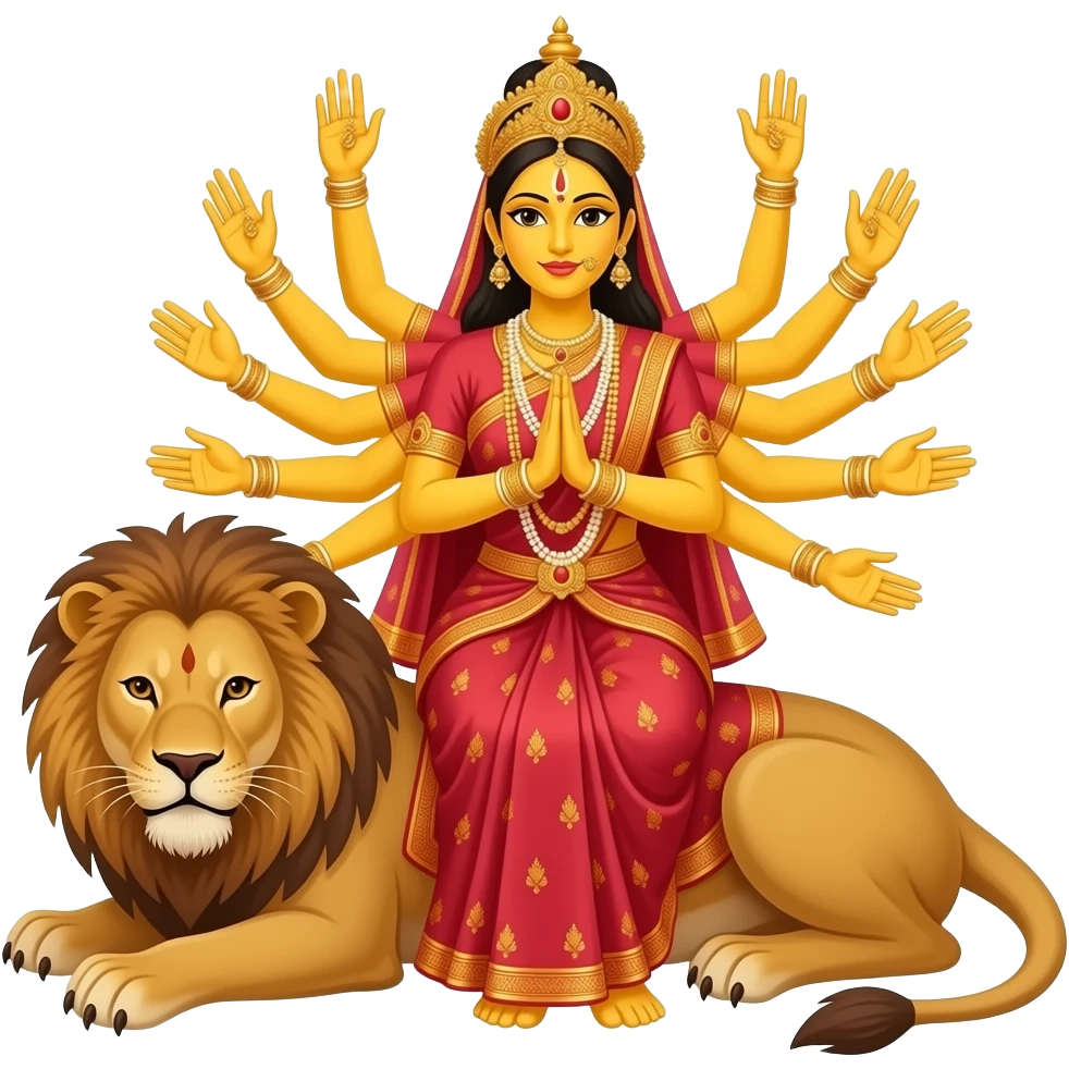 A bengali yellow skinned bride with exactly ten empty hands sitting on a lion with all hands in front emoji