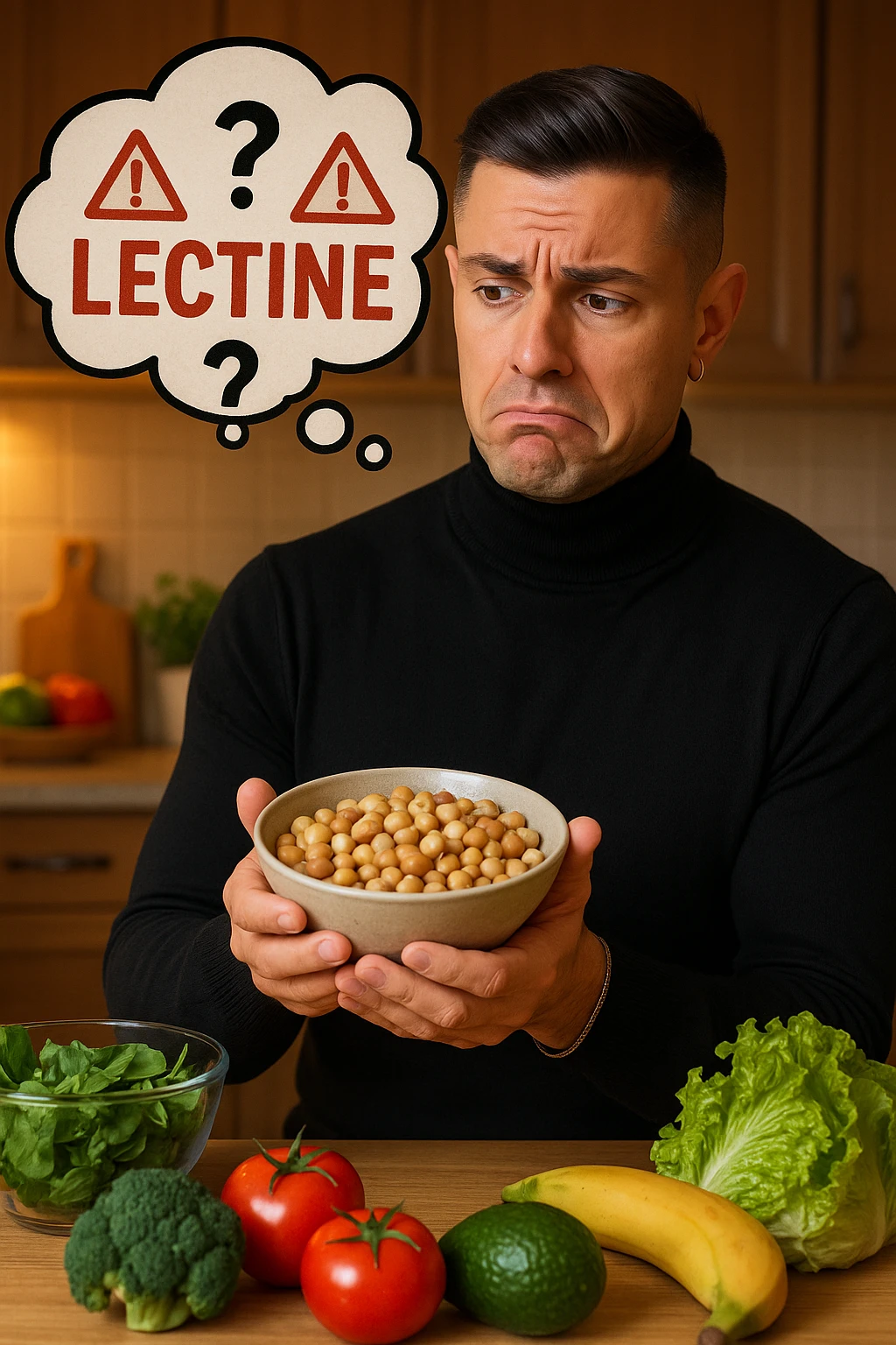 un uomo in cucina tiene in mano una ciotola di legumi (come fagioli o ceci) e li osserva con un’espressione dubbiosa e leggermente preoccupata. Sopra la ciotola, una nuvoletta di pensiero mostra la parola “Lectine” evidenziata in rosso, insieme a simboli di allarme o punti interrogativi. Sullo sfondo, altri alimenti salutari sono visibili sul tavolo, sottolineando il suo scetticismo verso i legumi. emoji