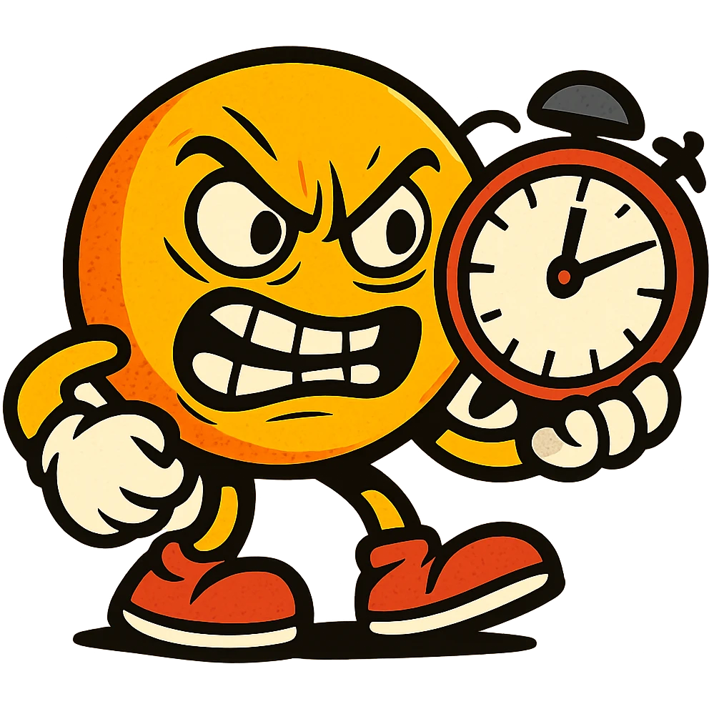 revenge emoji, cartoon style, character holding a clock, vengeful expression, comic book energy emoji