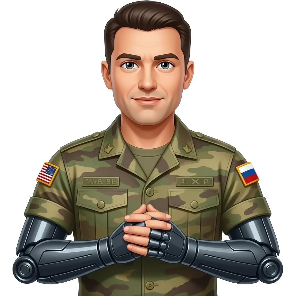 military man with both bionic arm , both hands folded closeup emoji