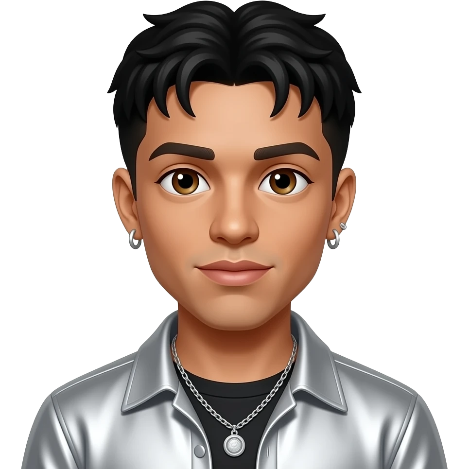 Bad Bunny with brown eyes, black hair, silver metallic shirt, silver necklace and earrings emoji