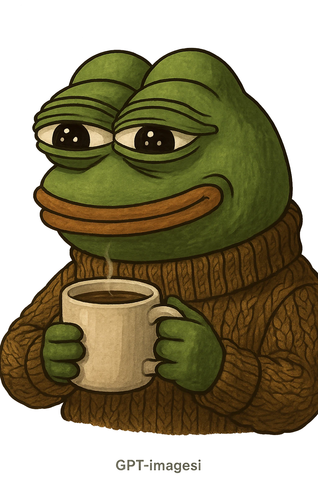 pepe the frog holding a coffee cup, cozy and detailed, gpt-image style emoji