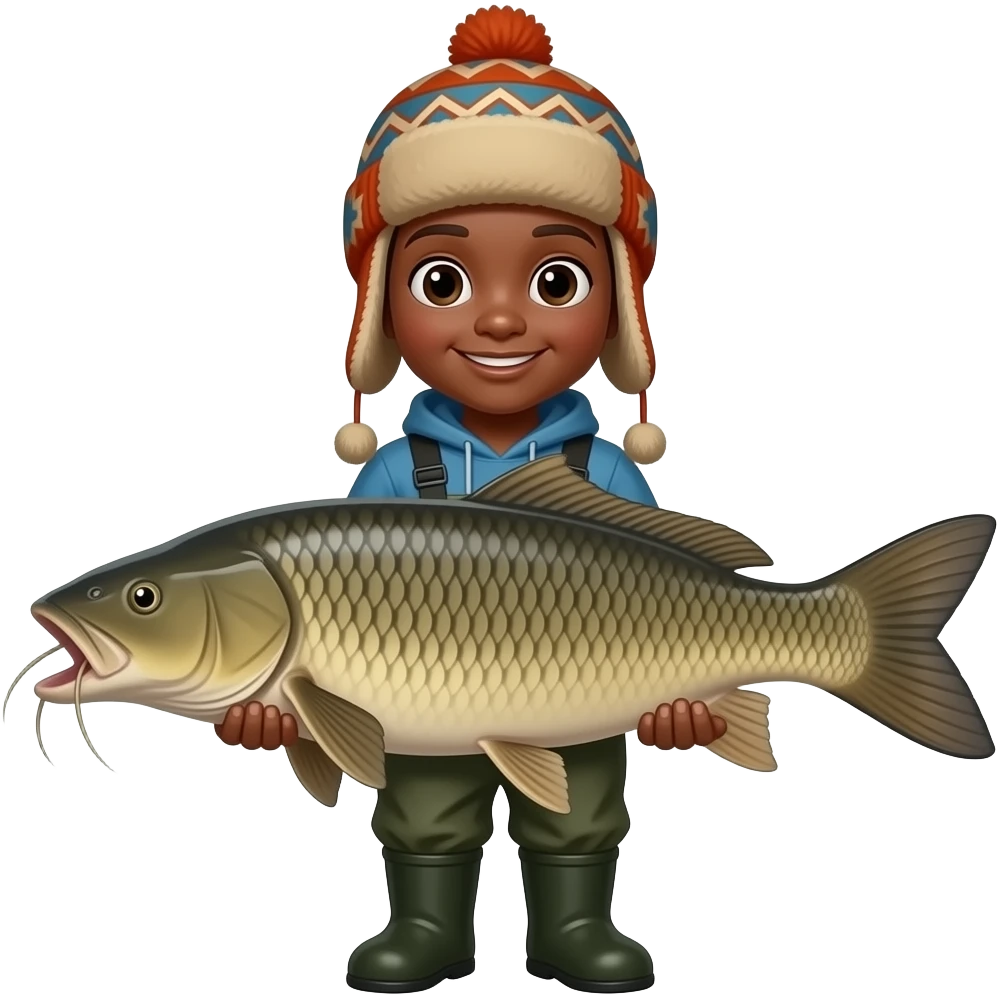 a black kid holding a massive catfish with a winter hat on and fishing waders emoji