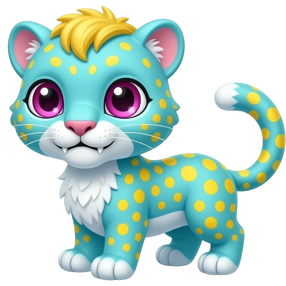 Adorable Cyan Four-legged digitigrade Panther with big adorable eyes, yellow spots on its flank, yellow hair, and magenta eyes, and snagletooth emoji