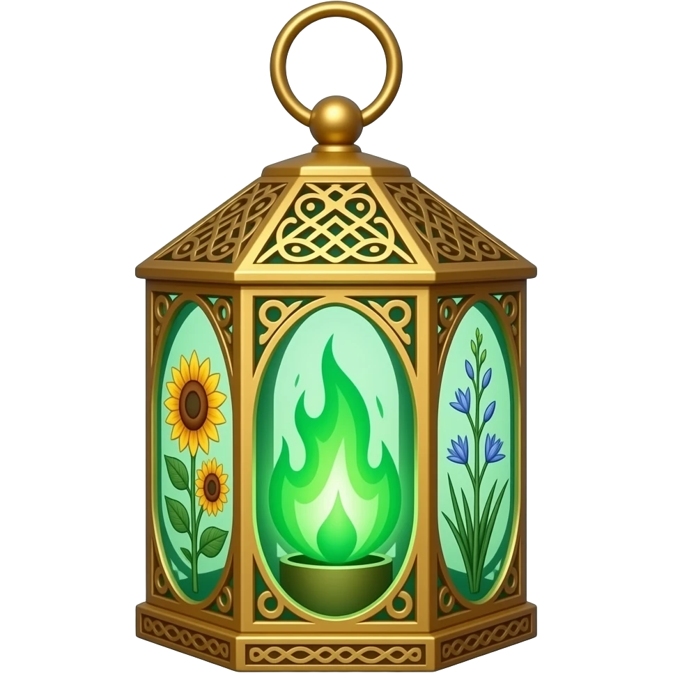 A golden hanging lantern with a bright emerald green flames, an empty loop on top, fae filigree themed sunflowers on the left and asphodels on the right as part of the design, but simple focus more on the green flames, paint the glass more green emoji