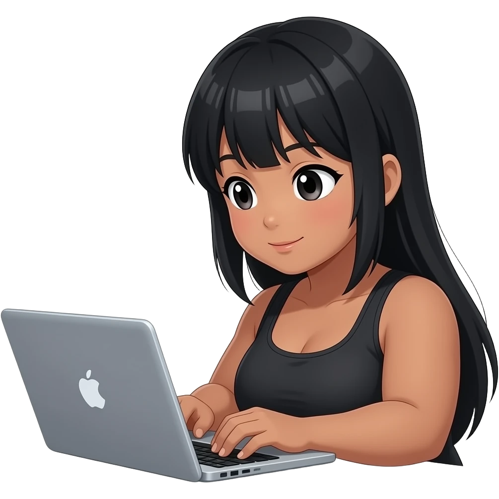 create a person on the anime who is girl with black hair, black eyes et caramel color skin, chubby girl who work on the laptop emoji