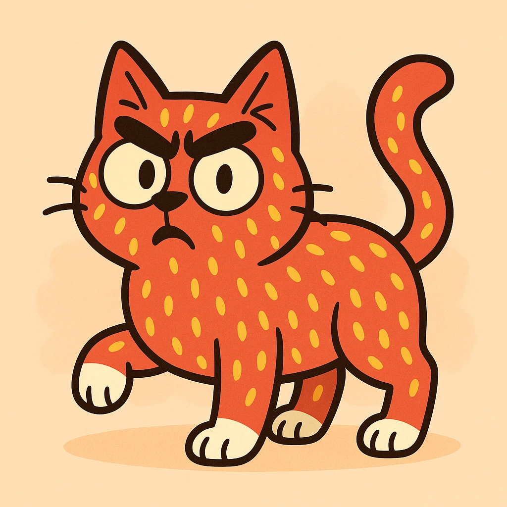a cat with strawberry patterned fur, exaggerated bushy eyebrows, and white toes, cute cartoon style emoji