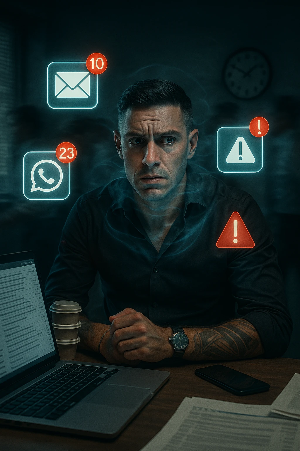A highly realistic, cinematic portrait of a young man in his early 30s with a tired, tense expression, sitting at his modern office desk surrounded by multiple smartphones with glowing notification bubbles (WhatsApp, emails, alerts) hovering around him like aggressive neon icons. His posture is hunched, shoulders raised, eyes slightly wide, and jaw clenched, representing constant hyper-vigilance and stress. The environment is a cold, cluttered workspace with a laptop displaying endless emails and Slack notifications, coffee cups stacked nearby, and a clock showing late hours, symbolizing the relentless pace of modern work life. Behind him, ghostly blurred figures rush by in a fast-motion effect, representing the constant rush and societal pressure. A faint, tight grey aura wraps around his chest and head, symbolizing blocked breathing and mental tension, while faint blue light tries to push through, representing the body’s desire to find calm. The lighting is harsh and cool, with a 35mm hyperrealistic film style, shallow depth of field focusing on the man’s stressed face and the floating notifications, illustrating the modern trap of always being on alert. emoji