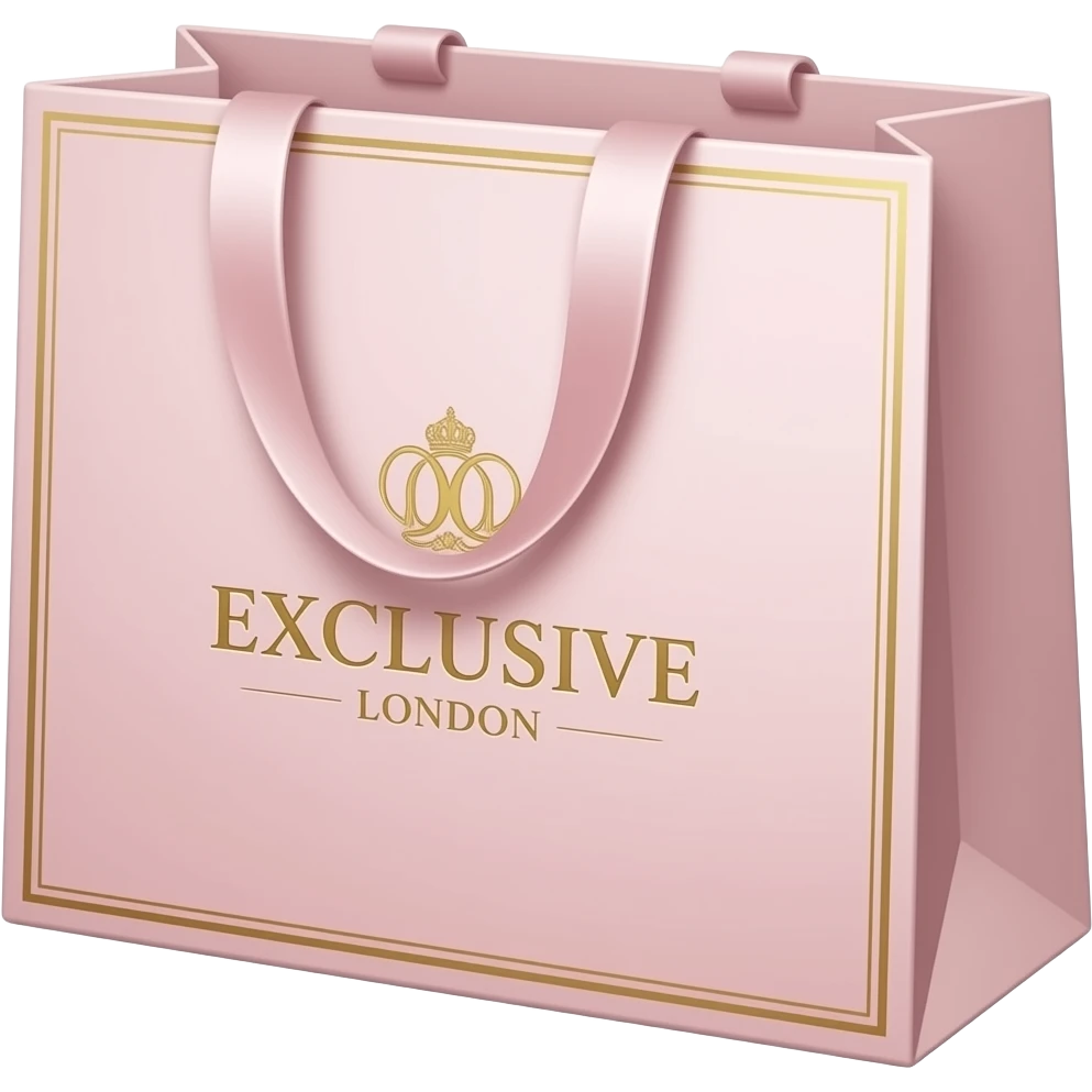 Luxury shopping bag from an exclusive London boutique, isolated, centered, no background, blush pink with satin ribbon handles, gold embossed logo style, elegant feminine fashion vibe emoji