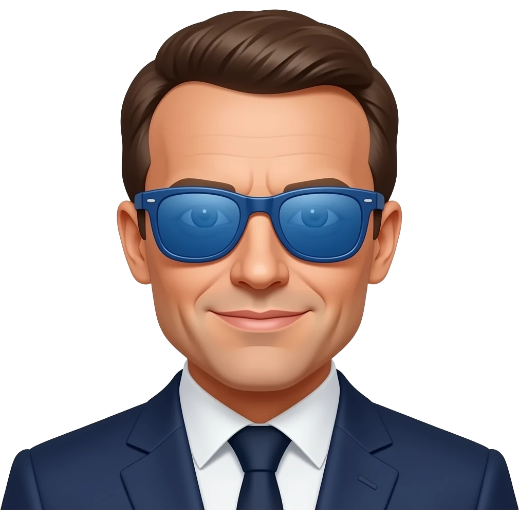 macron avec des lunette de soleil teint en bleu emoji
