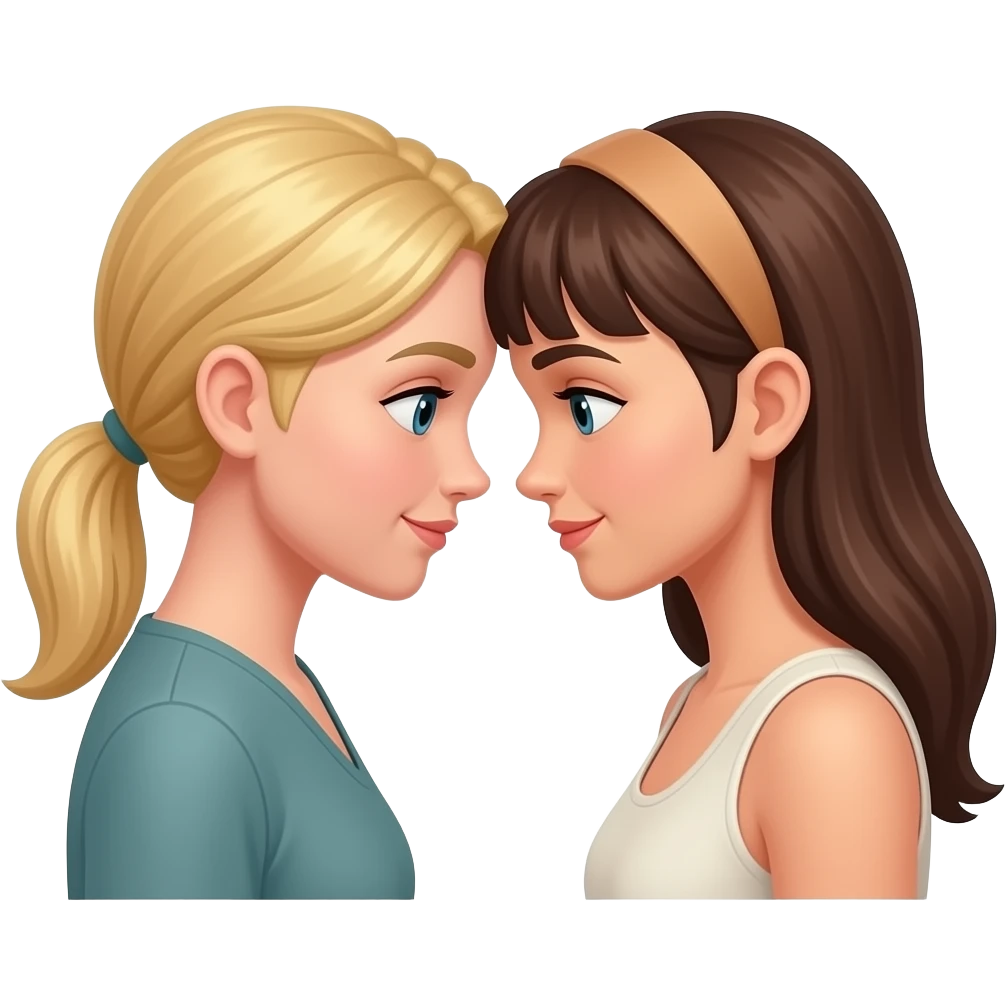 Testa testa di fronte  che si tocca  tra donne  una bionda con la coda e una castana con il caschetto e la frangetta emoji