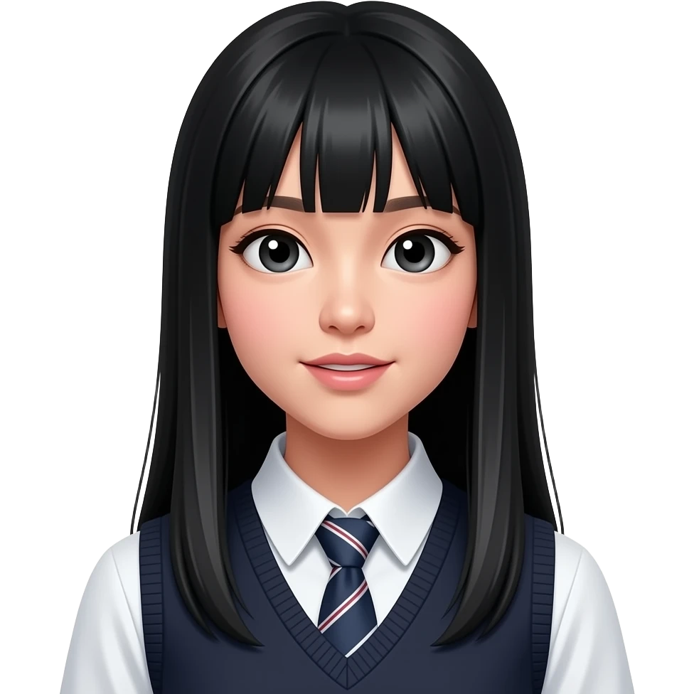 trendy schoolgirl with Asian skin, straight black long hair, chic uniform, speak something emoji
