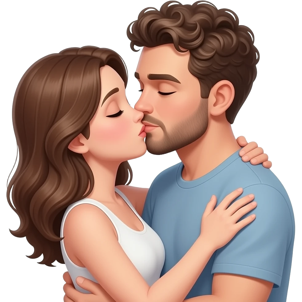 Realistic white man super short curly brown hair with beard kissing passionately and hugging realistic white girl brown hair emoji